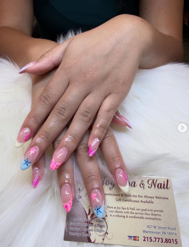 Pink and blue nail art detail at JoySpaNail